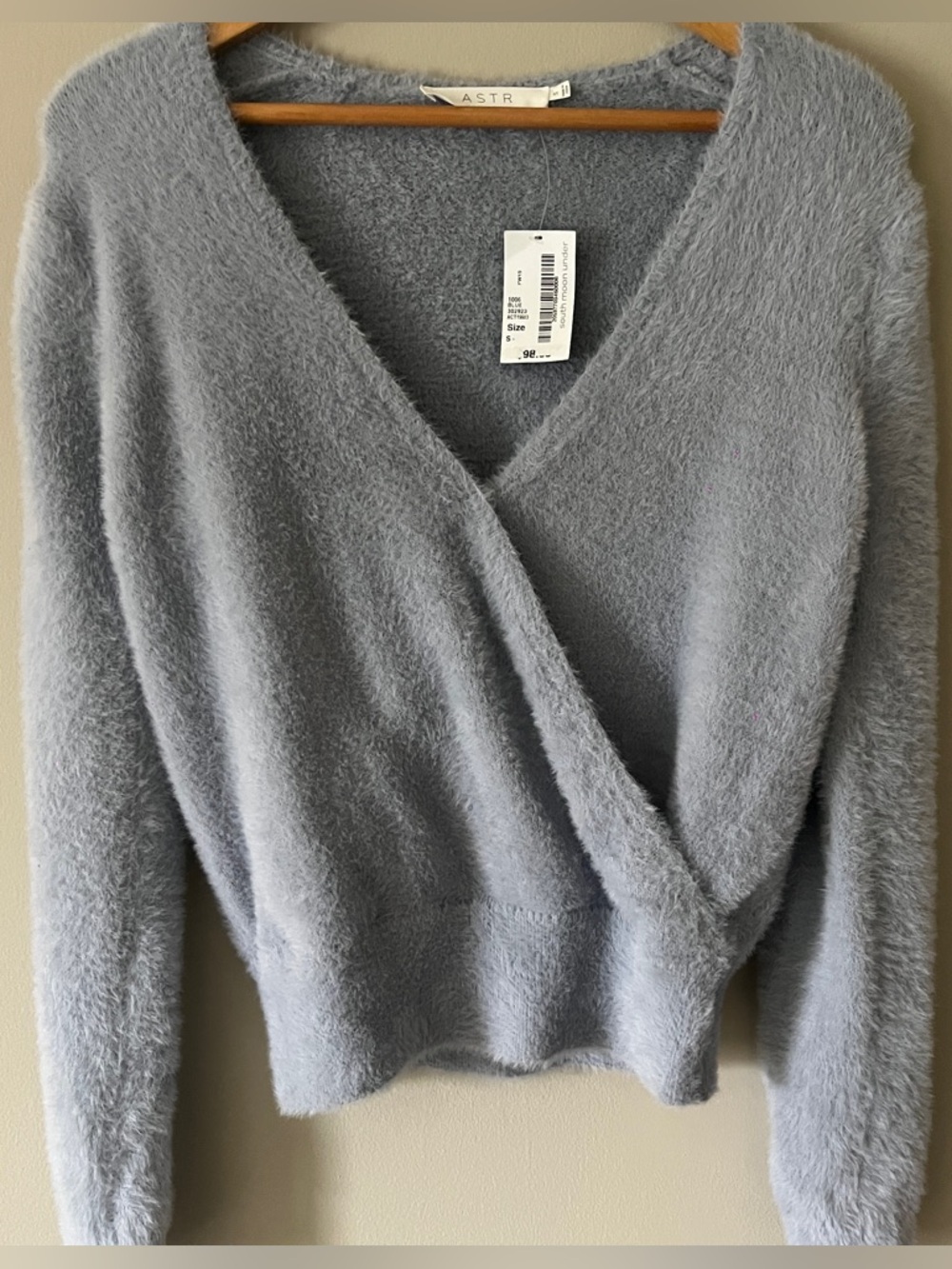 South Moon Under Light Gray Fuzzy V-Neck Wrap Sweater